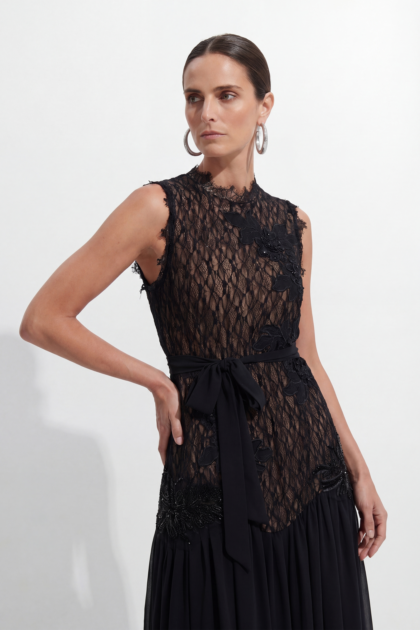 Out In Elegance Black Floral Applique Lace Bodice Maxi Dress